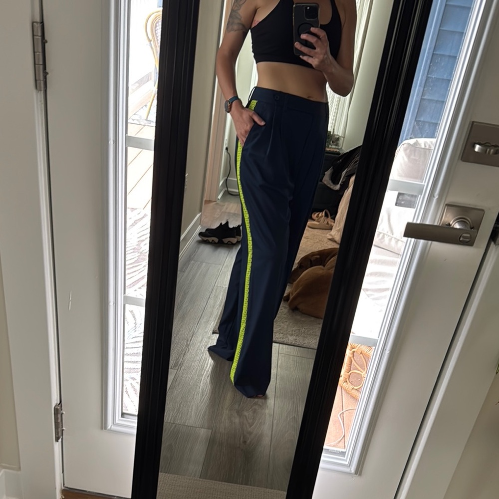 Wildfang Navy Pants with Neon Green Stripe